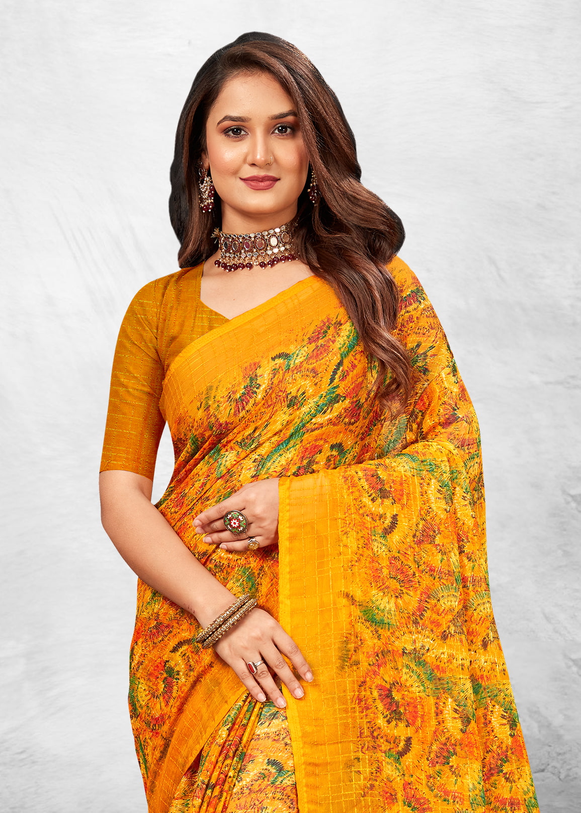 Stylish Orange Abstract Printed Chiffon Saree with Subtle Check Detailing - Paris Prints 3182-D Orange Modeling 2