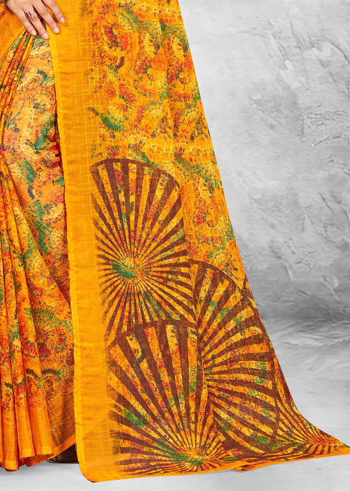 Stylish Orange Abstract Printed Chiffon Saree with Subtle Check Detailing - Paris Prints 3182-D Orange Modeling 3