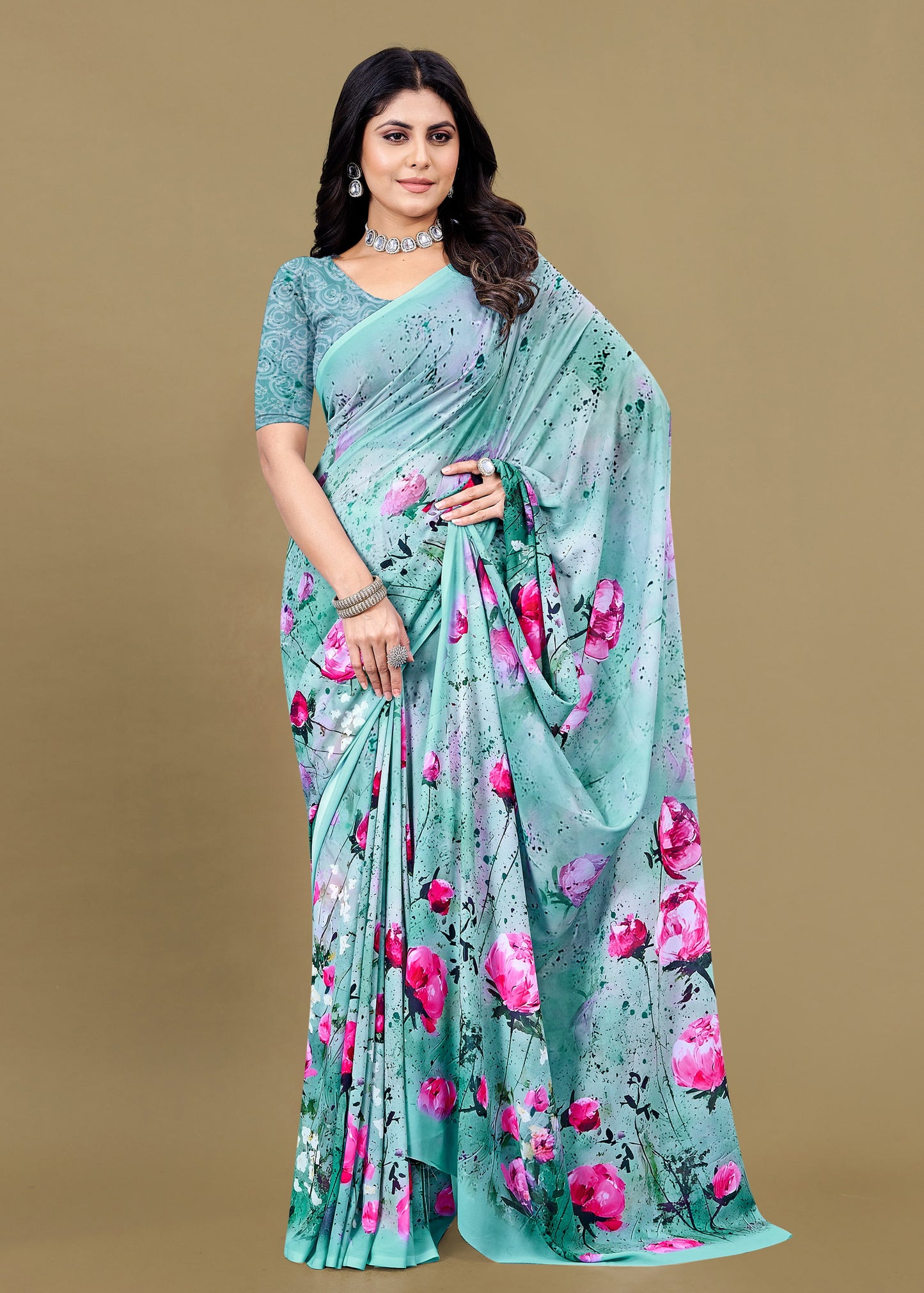 Stylish Teal Blue Saree in Lightweight Georgette with Intricate Digital Floral Prints - Baarish Prints 13192 Teal Blue Pose 1