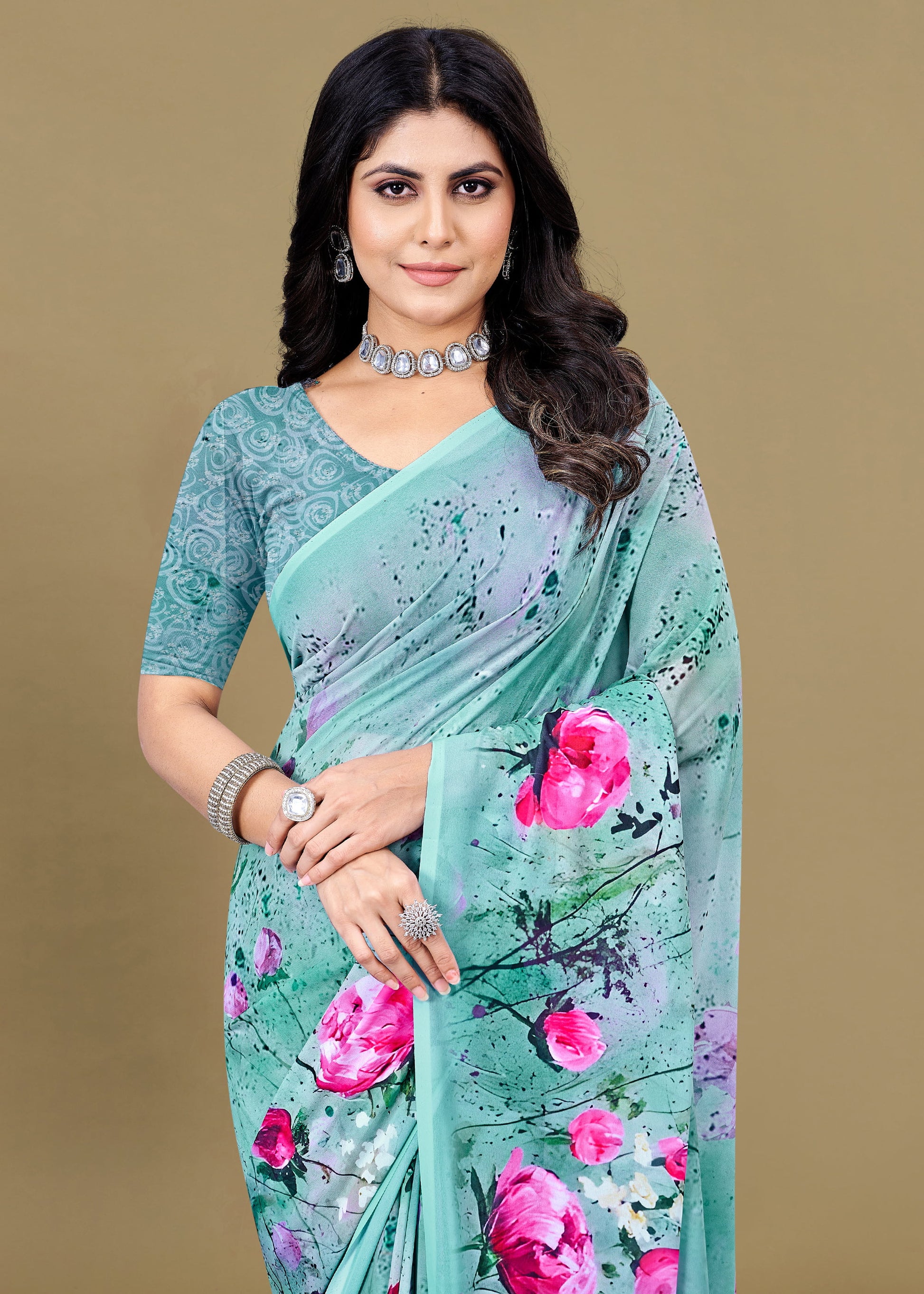 Stylish Teal Blue Saree in Lightweight Georgette with Intricate Digital Floral Prints - Baarish Prints 13192 Teal Blue Pose 2