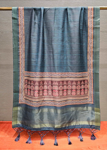 Teal Ajrakh Printed Linen Dupatta with Zari Weave Border - Linen Dupatta D. No. 2104 Teal Full View Image