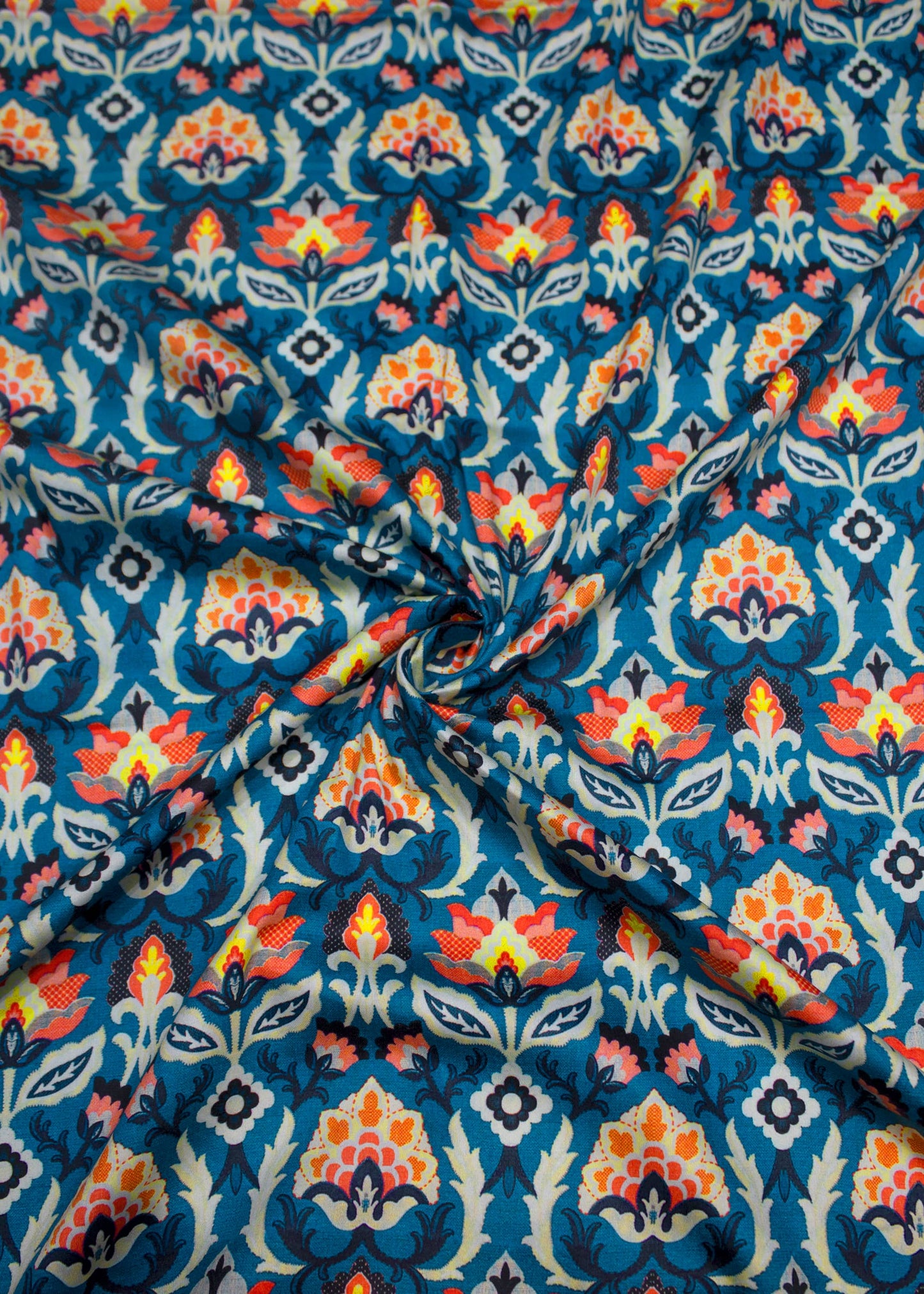 Teal Ethnic Floral Pattern Printed Pure Cotton Fabric - Cotton Fabric D.No. 3006 Teal Front Image