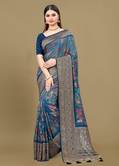 Teal Pure Satin Silk Saree with Ethnic Floral Motifs, Delicate Zari Woven Border & Buttis - Fiesta Silk 70081 Teal Front View 1