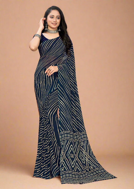 Teal Leheriya Printed Crepe Saree - Sabarmati Silk 5424-D Teal Pose 1