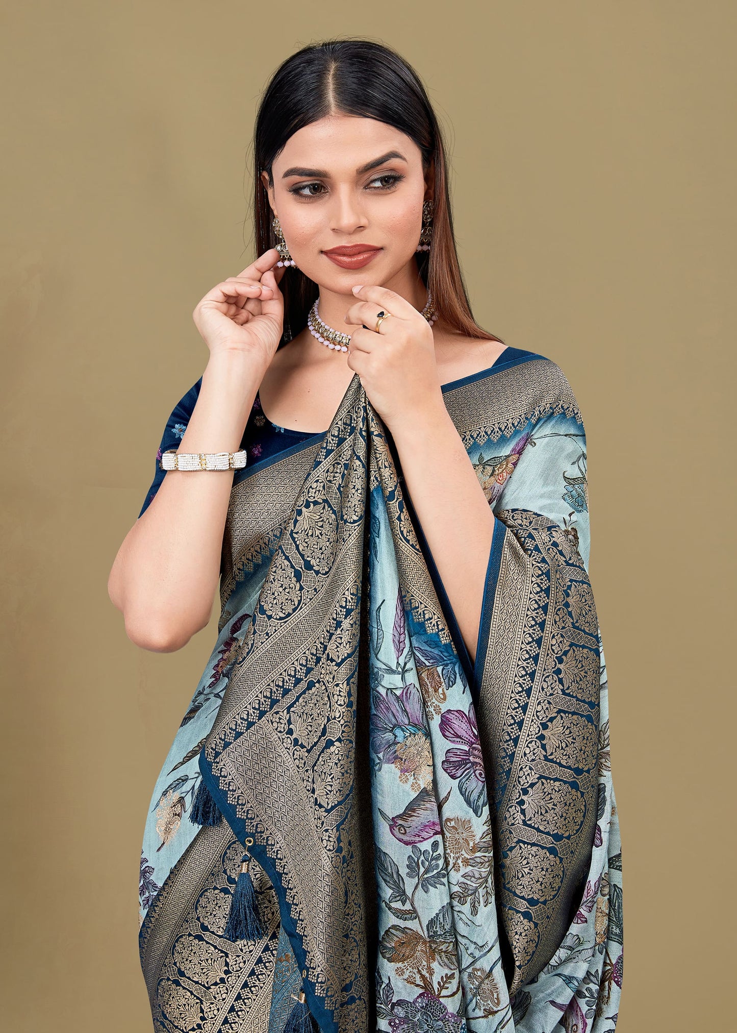 Timeless Silver Satin Silk Saree Featuring Ethnic Floral Prints, Intricate Zari Weaving & Buttis - Fiesta Silk 70095 Silver Zoom View