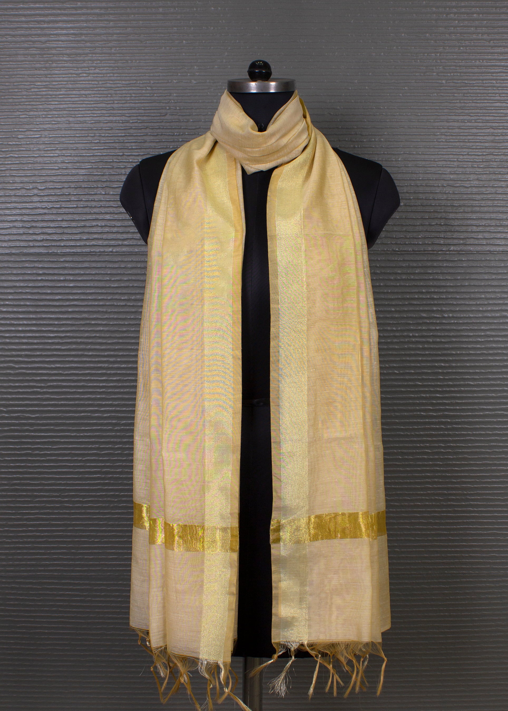 Traditional Handwoven Khadi Dupatta in Beige with Zari Border - Handwoven 8701 Beige First Pose