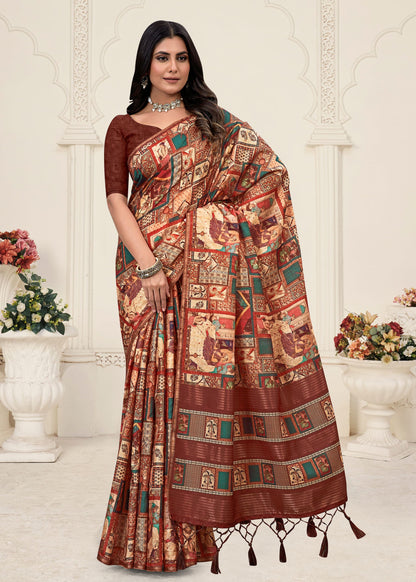 Tussar Silk Saree in Rust Digital Ethnic Motif Prints, Chit Pallu with Stylish Tassels &  Zari Detailing - Zodiac Silk 71014 - Rust Image 1