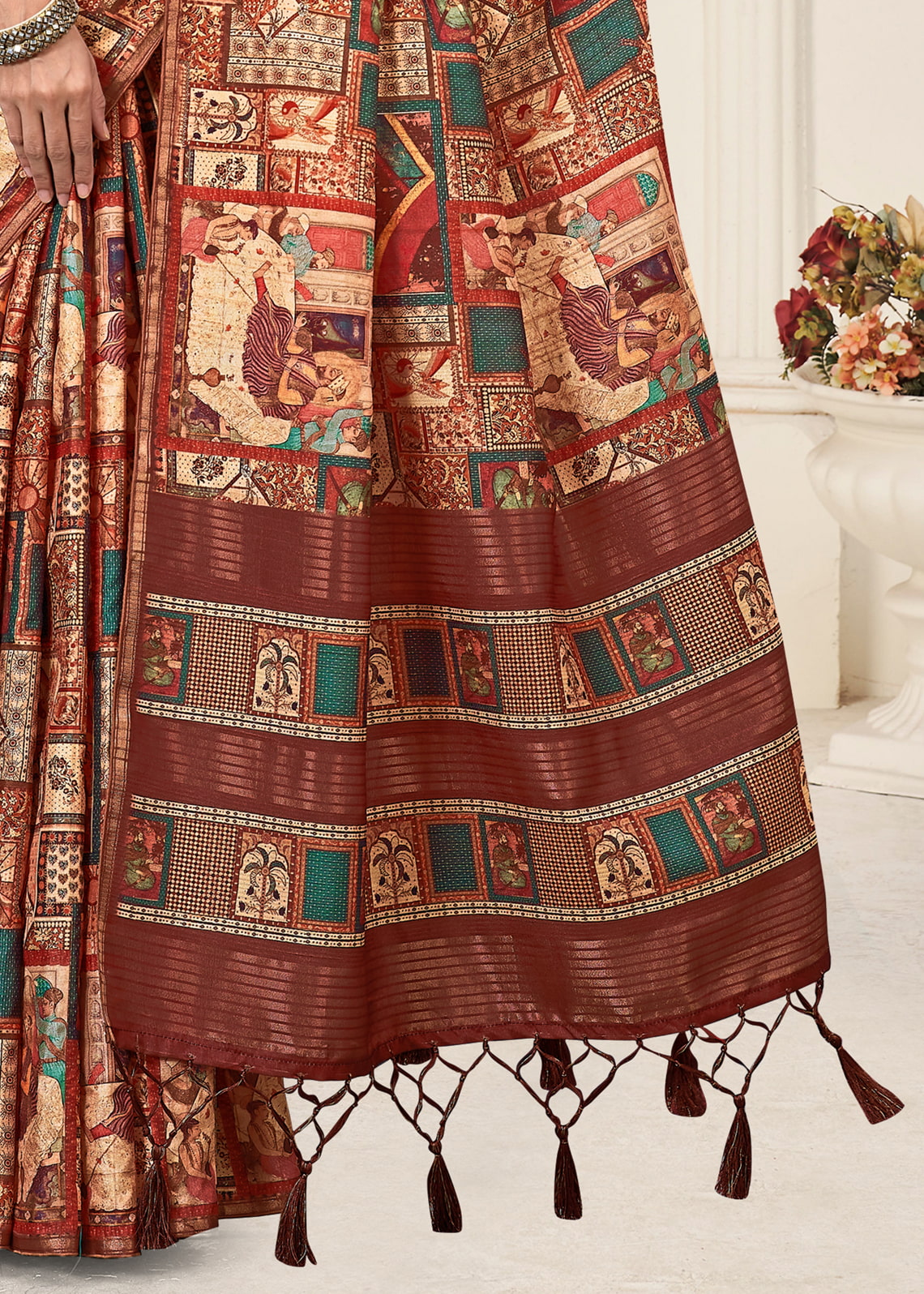 Tussar Silk Saree in Rust Digital Ethnic Motif Prints, Chit Pallu with Stylish Tassels &  Zari Detailing - Zodiac Silk 71014 - Rust Image 3