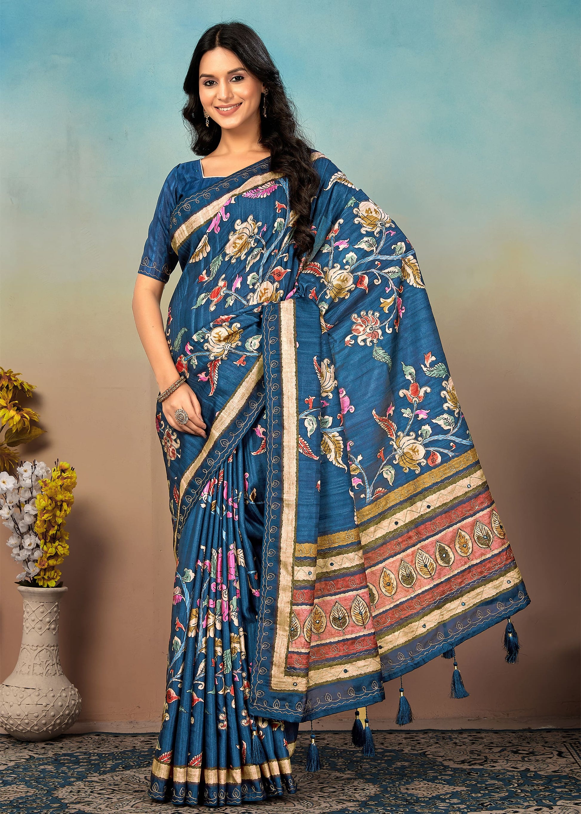 Tussar Silk Saree in Teal with Artistic Kalamkari Digital Prints and Exquisite Aari Work - Timbekeshwar Prints 18011 Teal 1