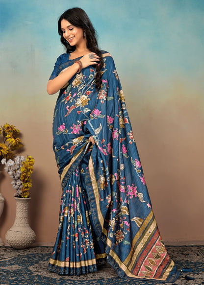 Tussar Silk Saree in Teal with Artistic Kalamkari Digital Prints and Exquisite Aari Work - Timbekeshwar Prints 18011 Teal 3