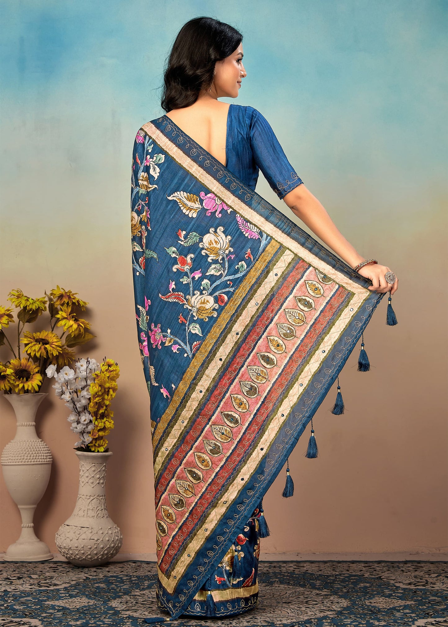 Tussar Silk Saree in Teal with Artistic Kalamkari Digital Prints and Exquisite Aari Work - Timbekeshwar Prints 18011 Teal 4