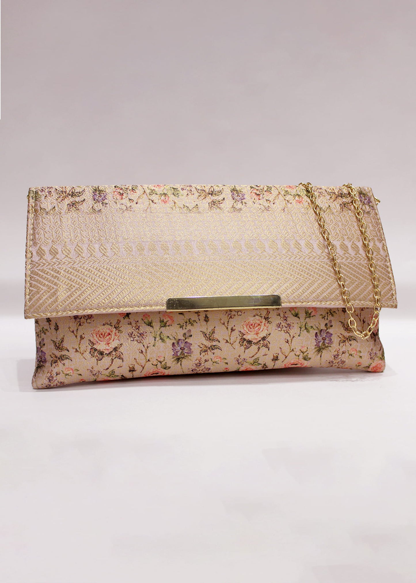 Vanilla Pink Floral Printed Zari Woven Art Silk Clutch with golden Sling - Clutch D.No.02 P21 Zoom View Image