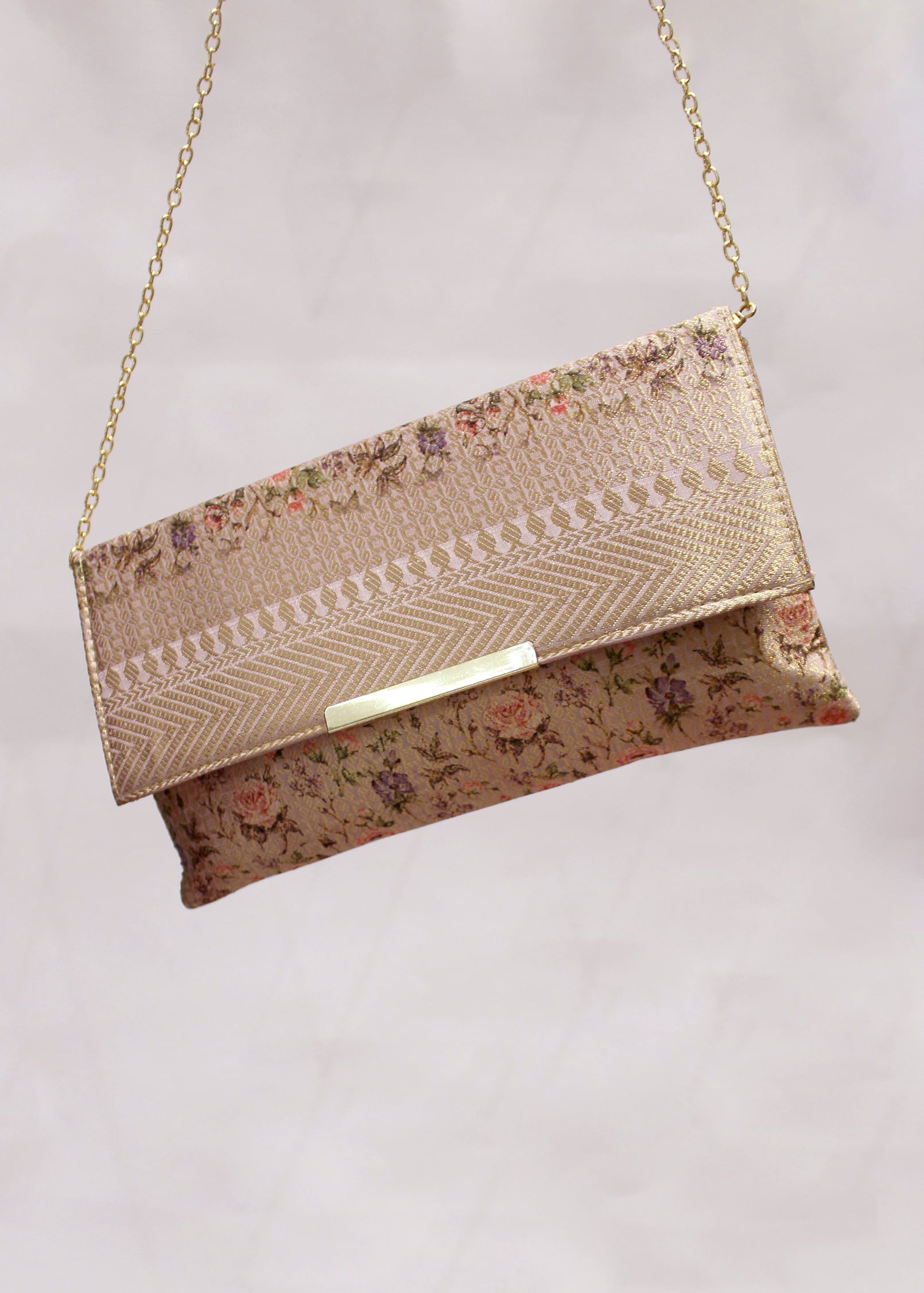 Vanilla Pink Floral Printed Zari Woven Art Silk Clutch with golden Sling - Clutch D.No.02 P21 side Image