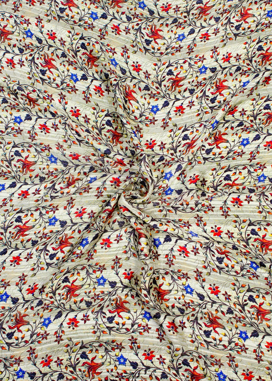 Vibrant Kalamkari Floral Print on Multicolor Digital Printed Soft Georgette Satin Pattern Fabric - Pure Georgette Satin Pattern 9007 Multicolor Pose 1