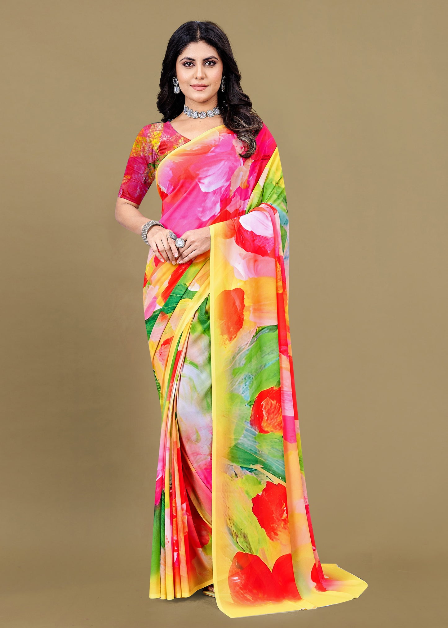 Vibrant Multicolor Georgette Saree Showcasing Stunning Abstract Digital Prints - Baarish Prints 13191 Multicolor Modeling 1