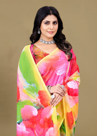 Vibrant Multicolor Georgette Saree Showcasing Stunning Abstract Digital Prints - Baarish Prints 13191 Multicolor Modeling 2