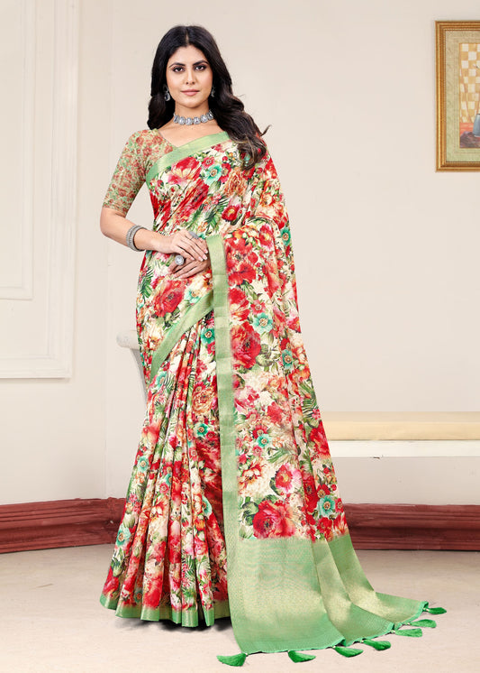 Vibrant Multicolor Organza Saree with Blooming Floral Patterns, Elegant Zari Woven Border, and a Regal Pallu First Image