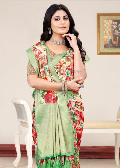Vibrant Multicolor Organza Saree with Blooming Floral Patterns, Elegant Zari Woven Border, and a Regal Pallu Second Image