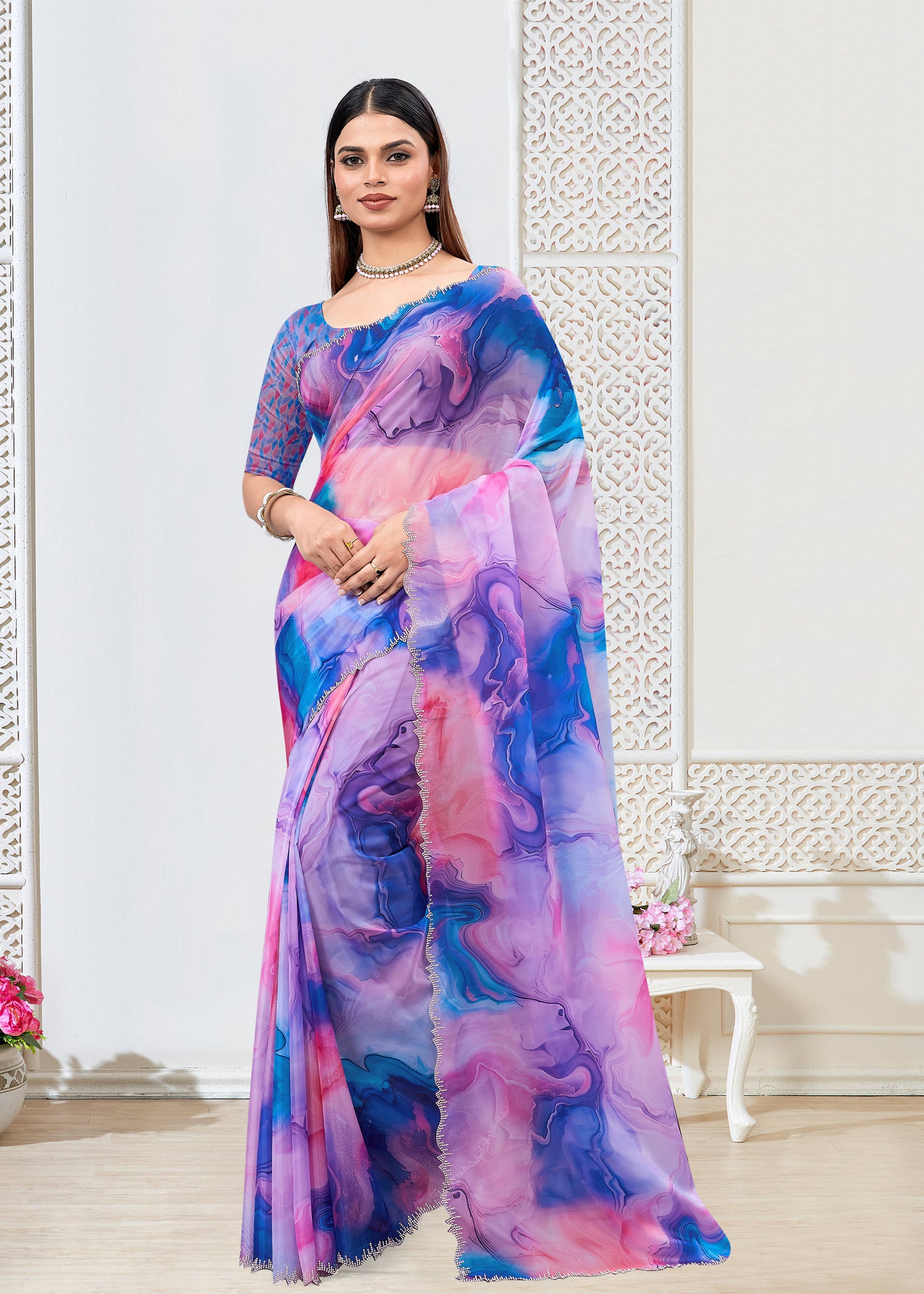 Vibrant Multicolor Organza Saree with Digital Abstract Prints and Stone-Adorned Border - Panton Prints 41066 - Multicolor  Image 1