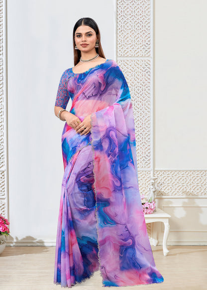 Vibrant Multicolor Organza Saree with Digital Abstract Prints and Stone-Adorned Border - Panton Prints 41066 - Multicolor  Image 1