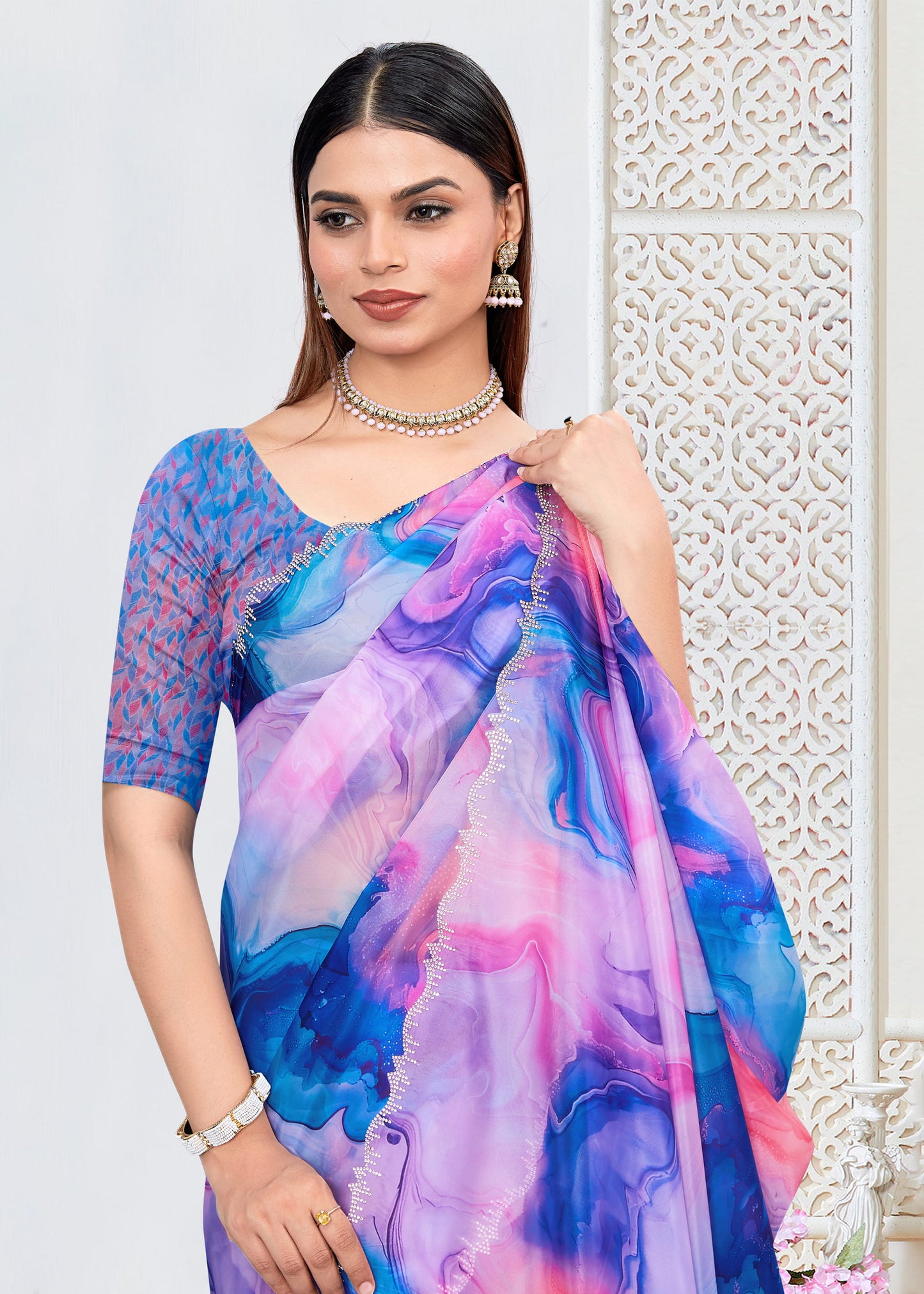Vibrant Multicolor Organza Saree with Digital Abstract Prints and Stone-Adorned Border - Panton Prints 41066 - Multicolor  Image 2