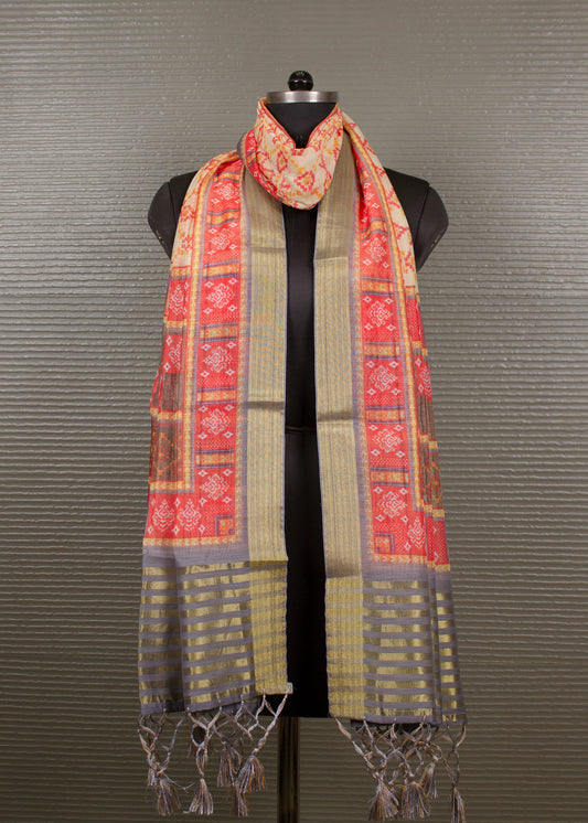 Vibrant Multicolor Patola Hard Linen Dupatta Adorned with Digital Prints, Zari Woven Border and Elegant Tassels - Hard Linen 2110 Multicolor 1