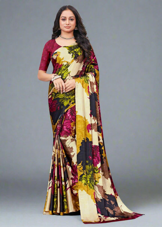 Vibrant Multicolor Satin Crepe Saree with Elegant Floral Pattern - Signature Prints 7714-A Multicolor First Image