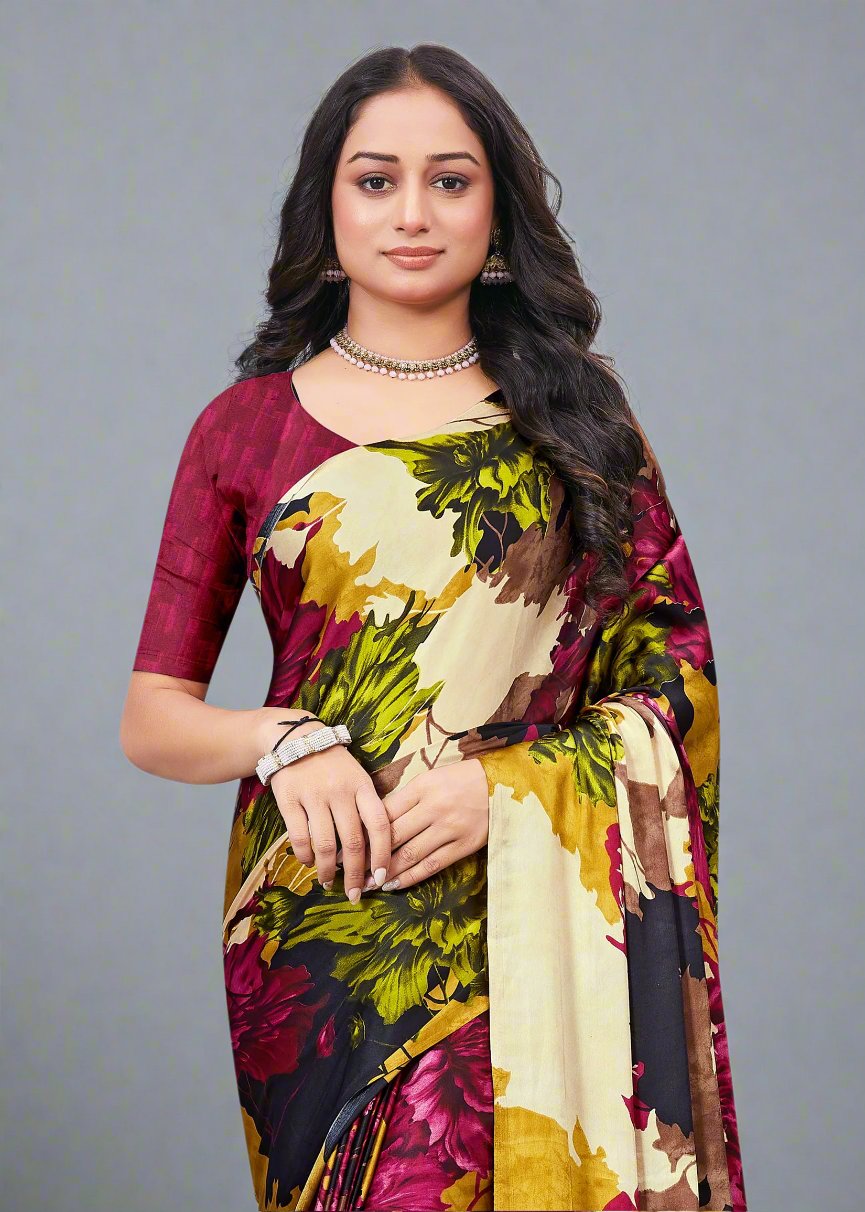 Vibrant Multicolor Satin Crepe Saree with Elegant Floral Pattern - Signature Prints 7714-A Multicolor Second Image