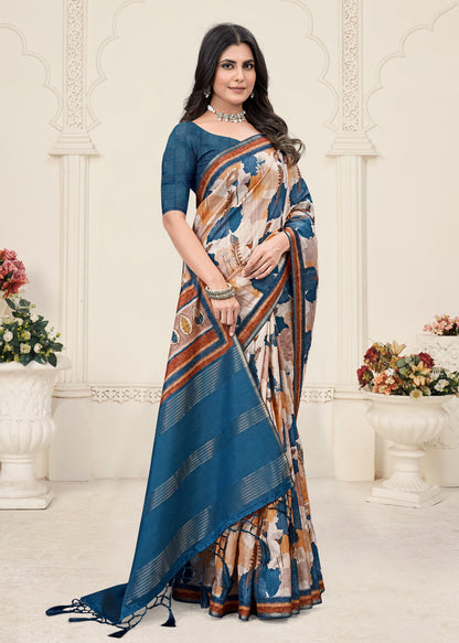 Vibrant Multicolor Tussar Silk Saree with Digital Abstract Motifs, Zari Accents, and Chit Pallu - Zodiac Silk 71019 - Multicolor Front Image