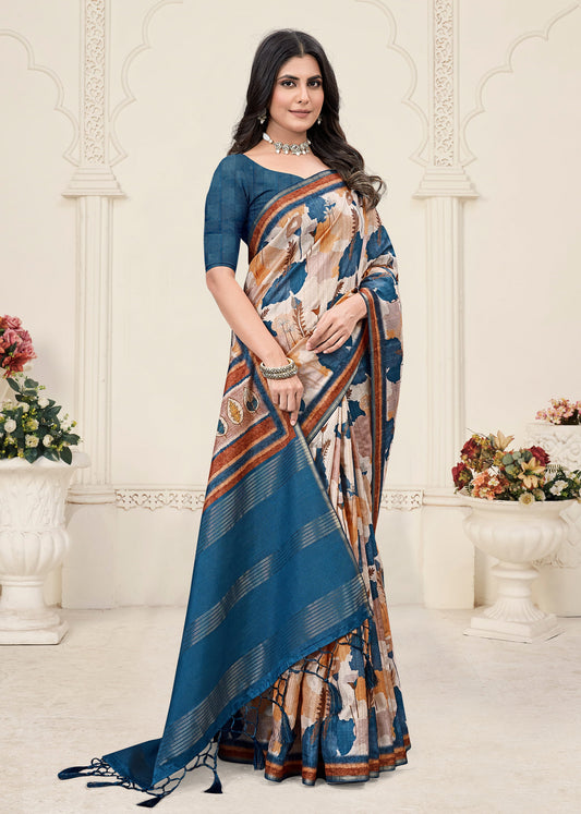Vibrant Multicolor Tussar Silk Saree with Digital Abstract Motifs, Zari Accents, and Chit Pallu - Zodiac Silk 71019 - Multicolor Front Image