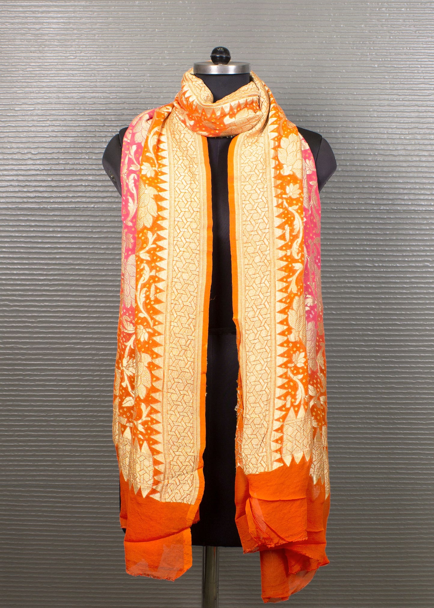 Vibrant Orange Bandhej Georgette Dupatta with Handwoven Zari Border and Delicate Jaal Weaving - Handwoven 8711 Orange Image 1