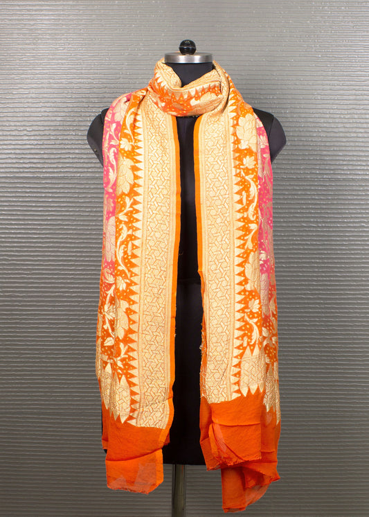 Vibrant Orange Bandhej Georgette Dupatta with Handwoven Zari Border and Delicate Jaal Weaving - Handwoven 8711 Orange Image 1