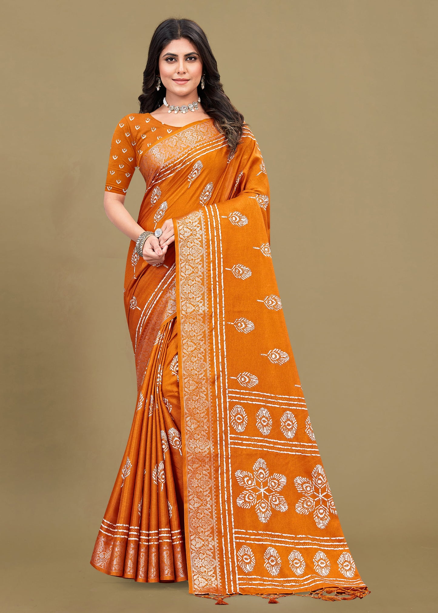 Vibrant Orange Cotton Saree with Ethnic Motif Prints, Foil Detailing, and Zari Woven Border - Madras Silk 22061-C Orange  Modeling 1