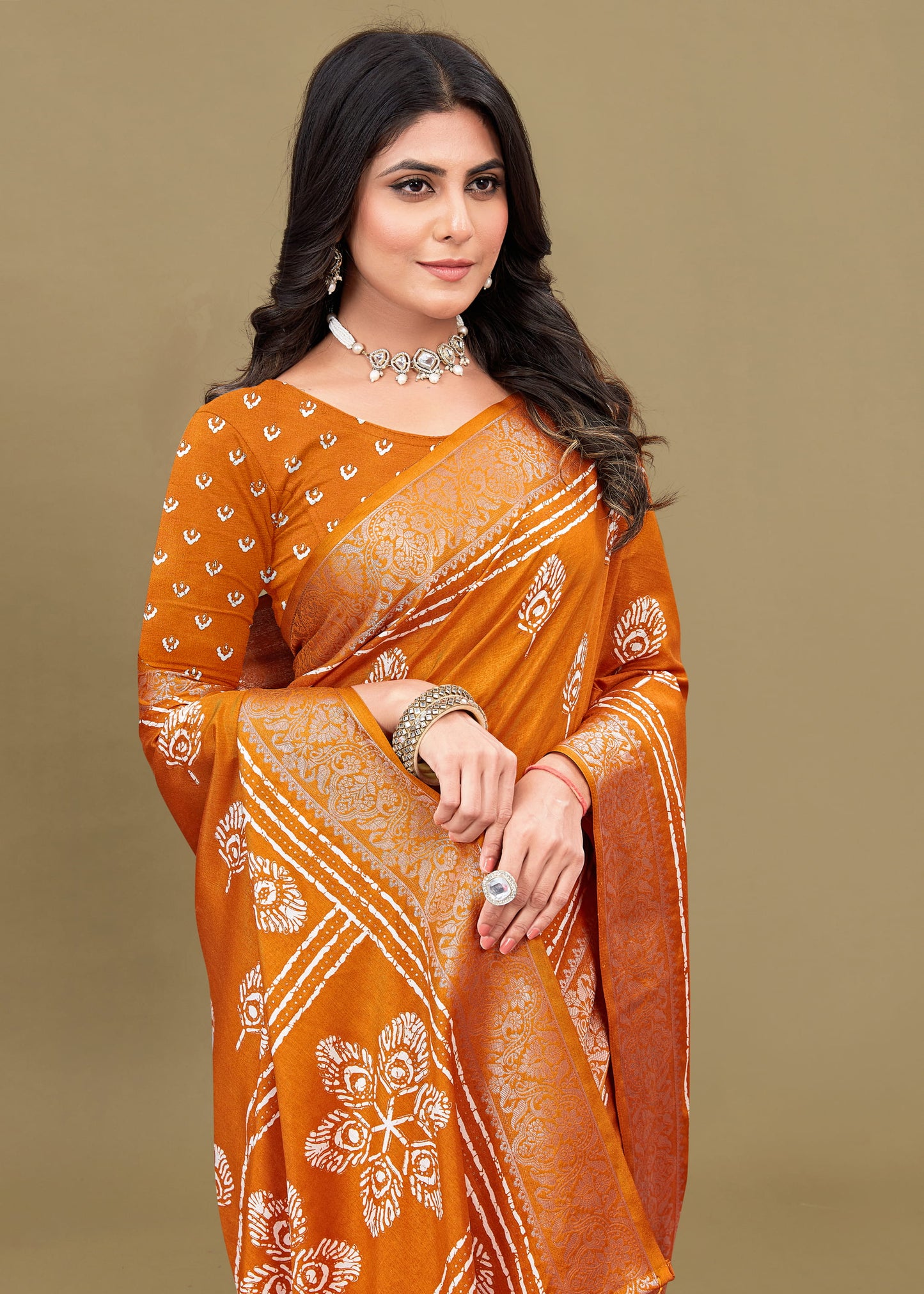 Vibrant Orange Cotton Saree with Ethnic Motif Prints, Foil Detailing, and Zari Woven Border - Madras Silk 22061-C Orange  Modeling 2