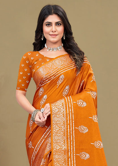 Vibrant Orange Cotton Saree with Ethnic Motif Prints, Foil Detailing, and Zari Woven Border - Madras Silk 22061-C Orange  Modeling 3