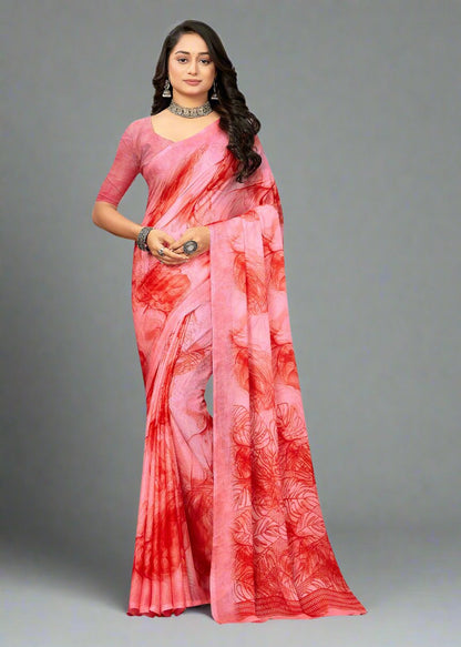 Vibrant Peach Abstract Floral Chiffon Designer Saree - Heritage Silk D. No.4257-A Peach 1