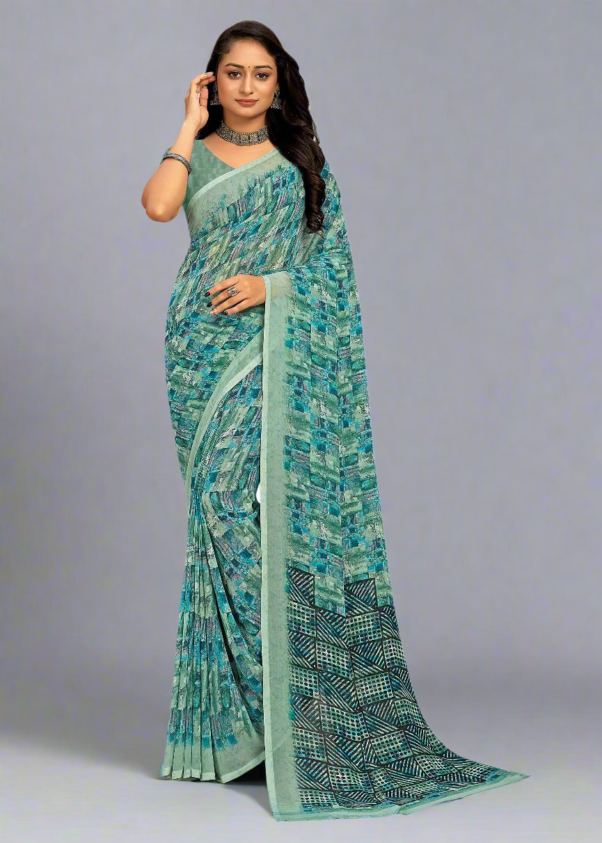 Vibrant Sky Blue Abstract Georgette Designer Saree - Indigo Prints 2443-A Sky Blue Image 1