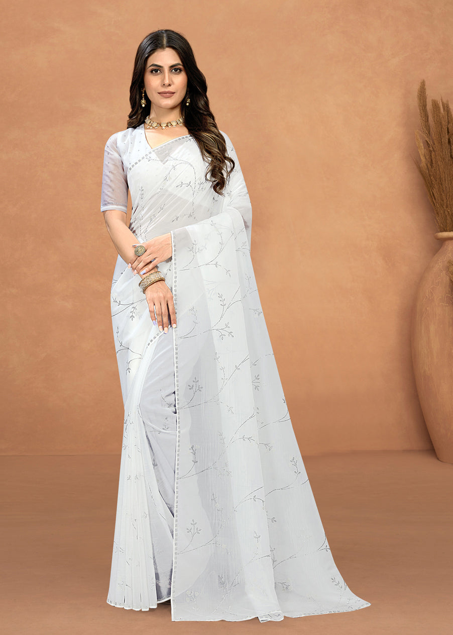 White Fine Organza Dyed Saree with Stone and Pearl Adornments - Gemini Silk D.No. 4418-D White First Image