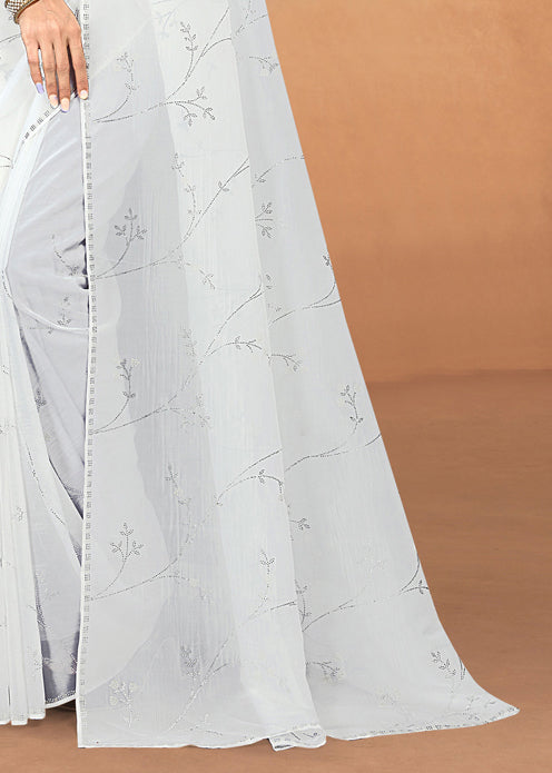 White Fine Organza Dyed Saree with Stone and Pearl Adornments - Gemini Silk D.No. 4418-D White Third Image