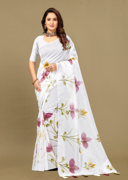 White Sheer Organza Saree Showcasing Exquisite Hand-Painted Florals, Shimmering Foil Highlights and Tassels - Butterfly Prints 8031 White Modeling 1