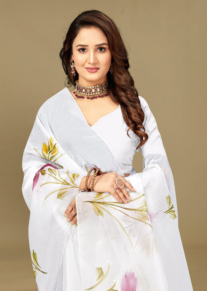 White Sheer Organza Saree Showcasing Exquisite Hand-Painted Florals, Shimmering Foil Highlights and Tassels - Butterfly Prints 8031 White Modeling 2