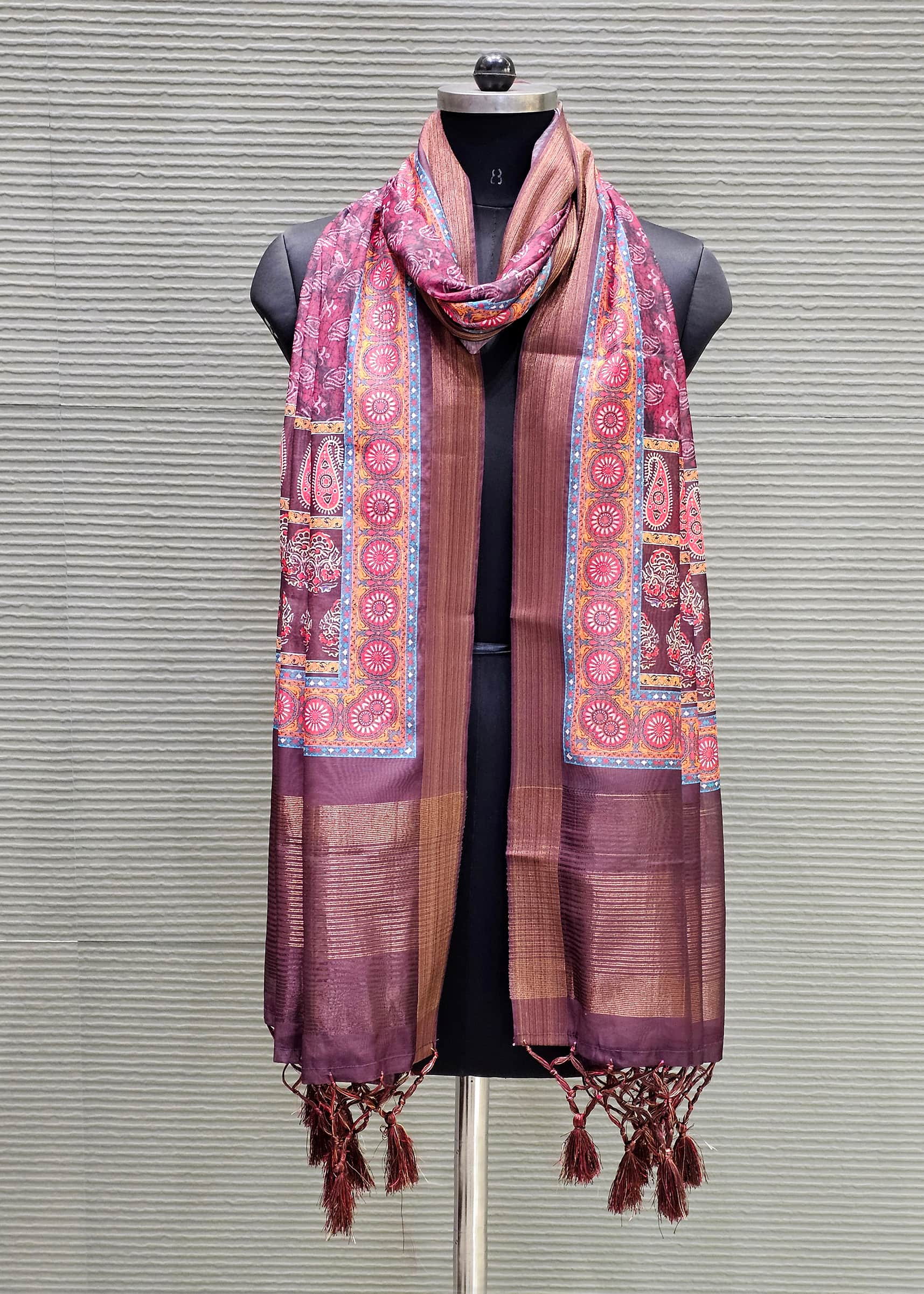 Wine Ajrakh Printed Zari Woven Border Linen Dupatta  - Linen Dupatta D. No. 2105 Wine Full View Image