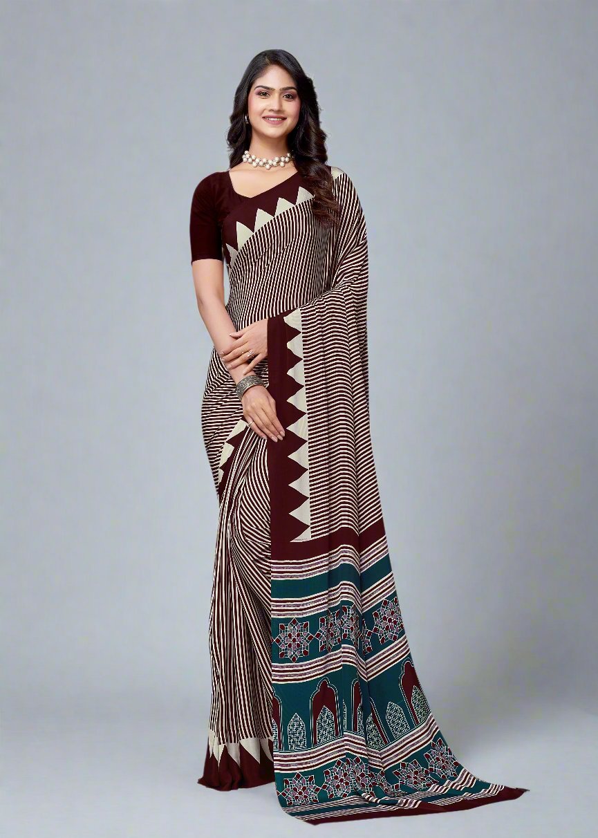 Wine Crepe Designer Geometric Printed Saree - Sabarmati Silk 5277-C Wine Image 1