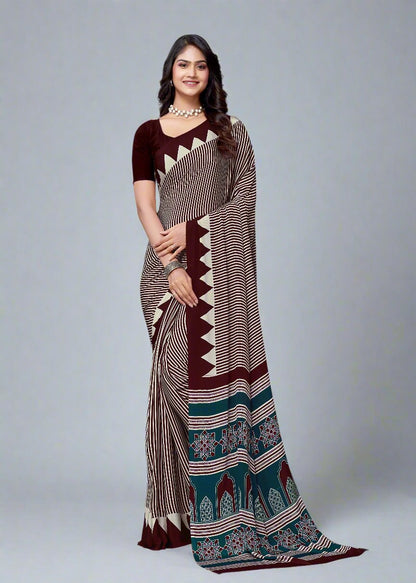 Wine Crepe Designer Geometric Printed Saree - Sabarmati Silk 5277-C Wine Image 1