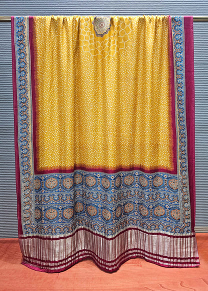 Yellow Bandhani Digital Printed Gaji Silk Dupatta with Zari Weave Border Image 