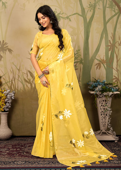 Yellow Fine Organza Saree with Hand-Painted Floral Design, Crystal Embellishments and Tassels - Titli Prints 15007 Yellow 1