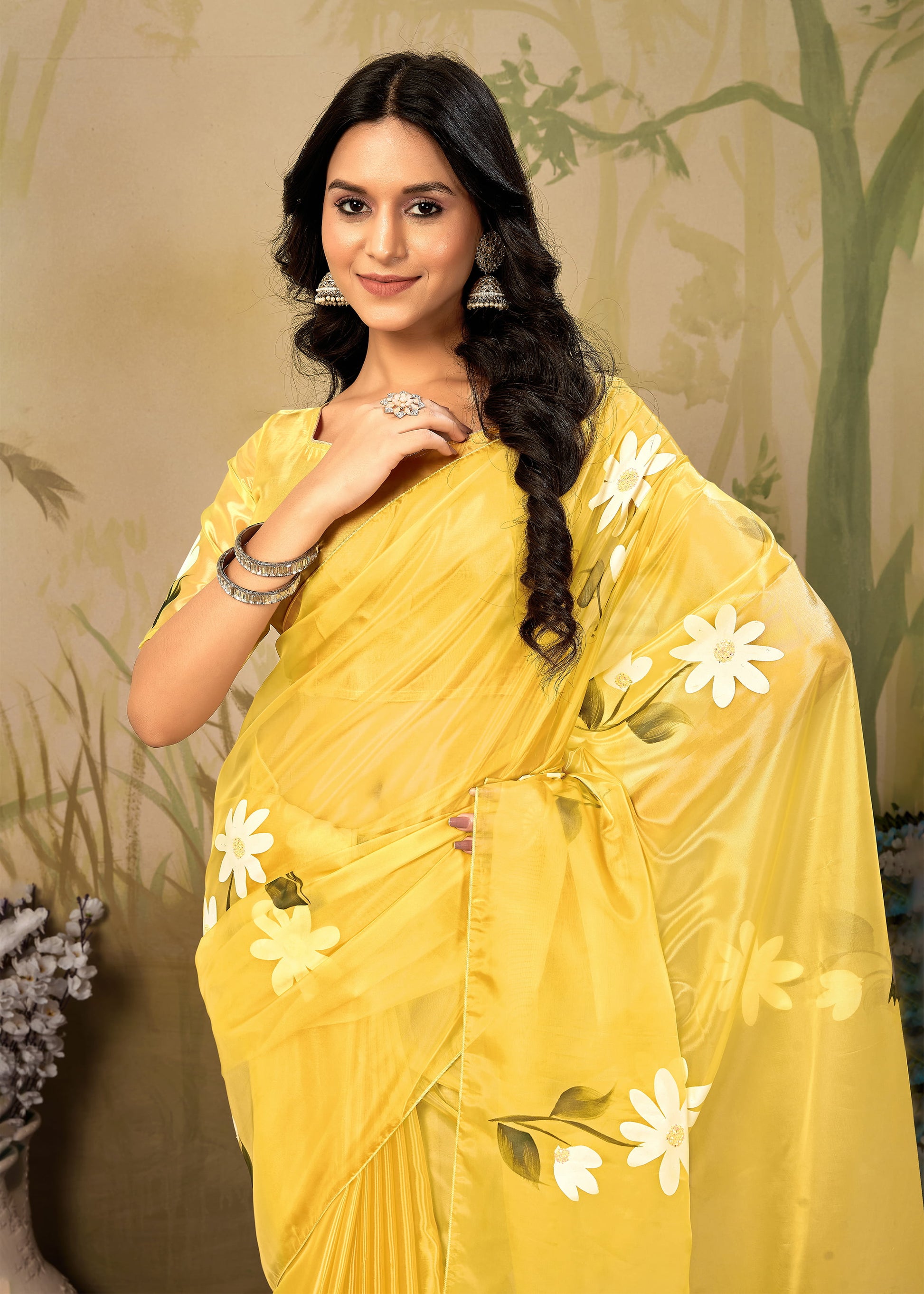 Yellow Fine Organza Saree with Hand-Painted Floral Design, Crystal Embellishments and Tassels - Titli Prints 15007 Yellow 2