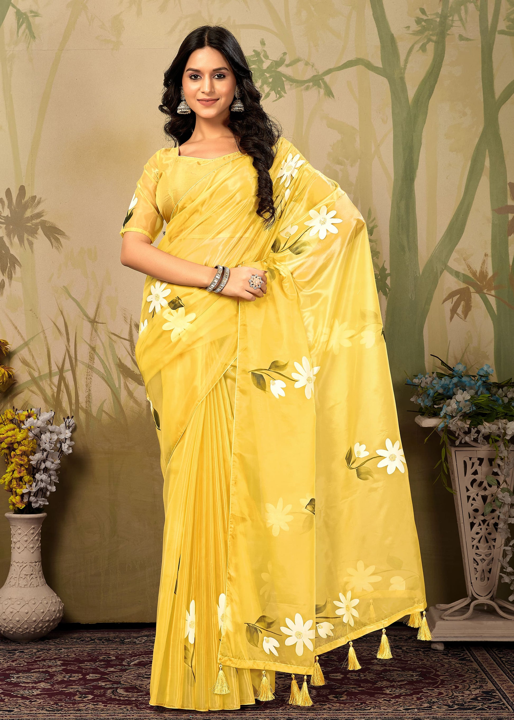 Yellow Fine Organza Saree with Hand-Painted Floral Design, Crystal Embellishments and Tassels - Titli Prints 15007 Yellow 3