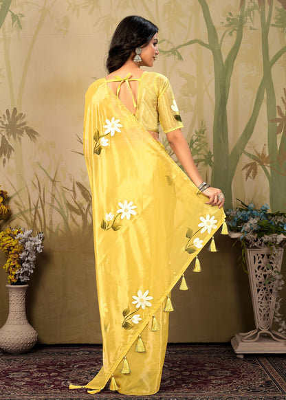 Yellow Fine Organza Saree with Hand-Painted Floral Design, Crystal Embellishments and Tassels - Titli Prints 15007 Yellow 4