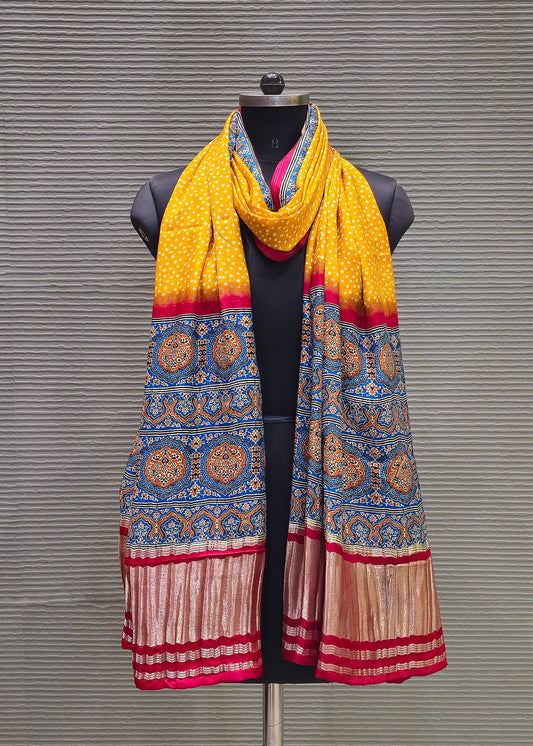 Yellow Bandhani Digital Printed Gaji Silk Dupatta with Zari Weave Border Image 1